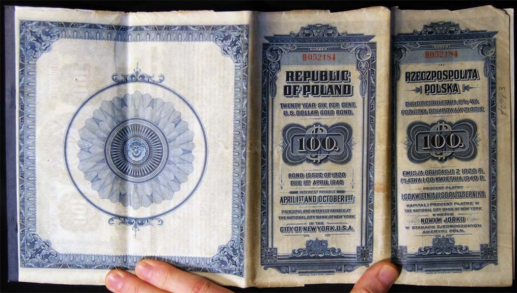 Republic of Poland Twenty Year Six Per Cent U.S. Dollar Gold Bond 100. Bond Issue of 1920 Due 1st April 1940 ...The National City Bank of New York | Republic of Poland -