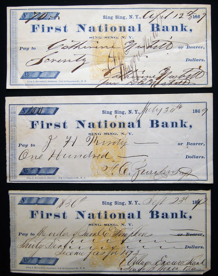 1869 - 1872 Three Checks Written on The First National Bank Sing Sing ...